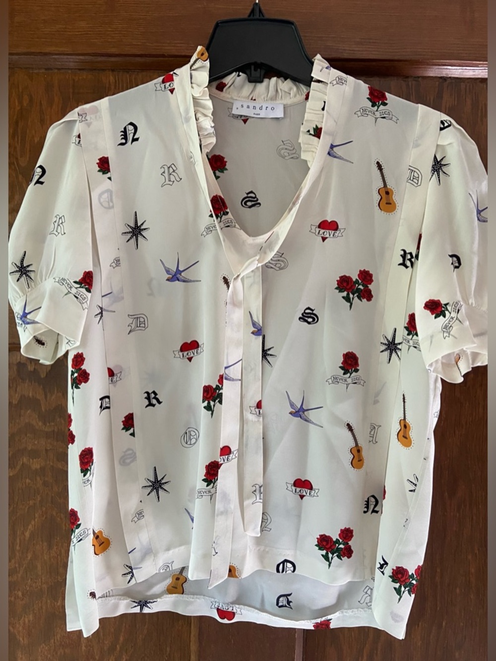Sandro París Tattoo Print Pure Silk Blouse ⚜️ RARE